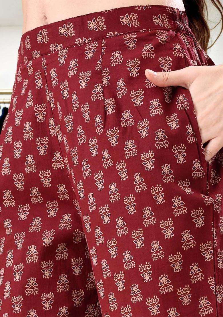 Maroon Printed Cotton Anarkali Set - Indya