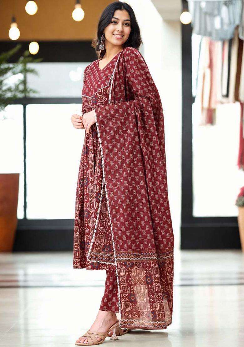 Maroon Printed Cotton Anarkali Set - Indya