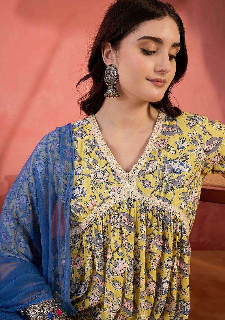 Yellow Printed Cotton Anarkali Set - Indya