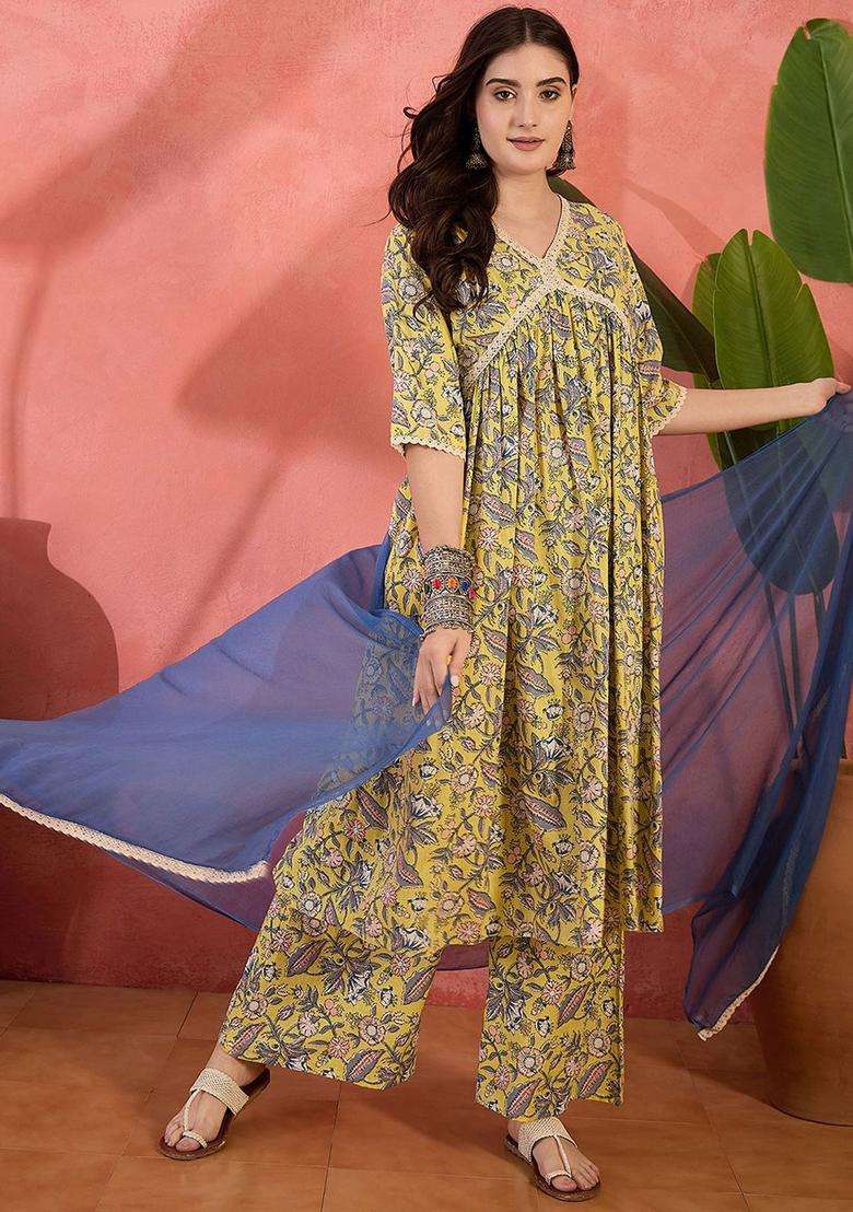 Yellow Printed Cotton Anarkali Set - Indya
