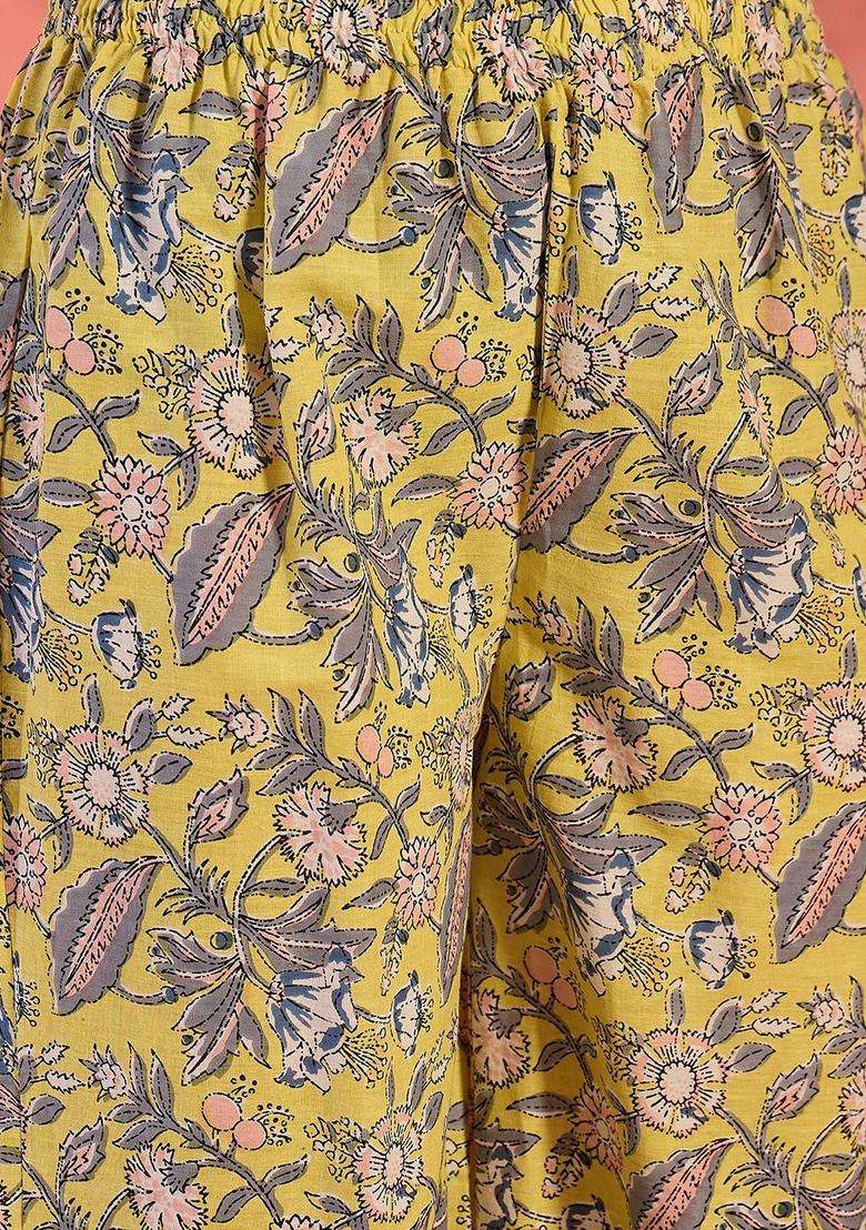 Yellow Printed Cotton Anarkali Set - Indya