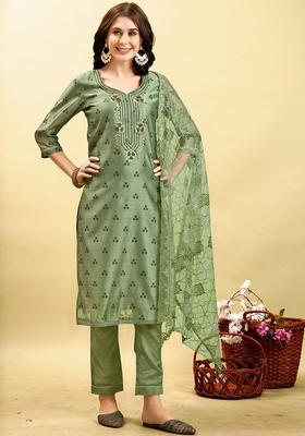 Olive Printed Silk Blend Kurta Set