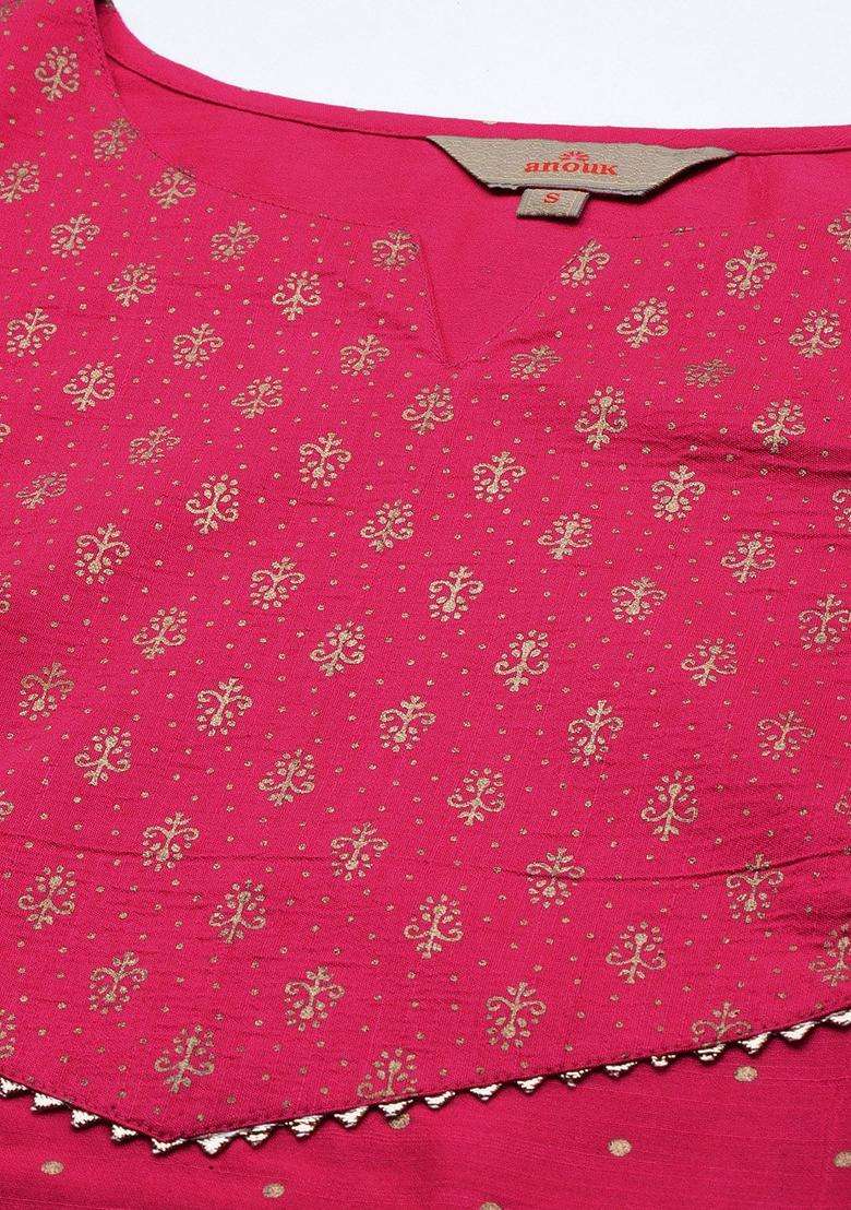 Red Yoke Design Silk Kurta Set - Indya