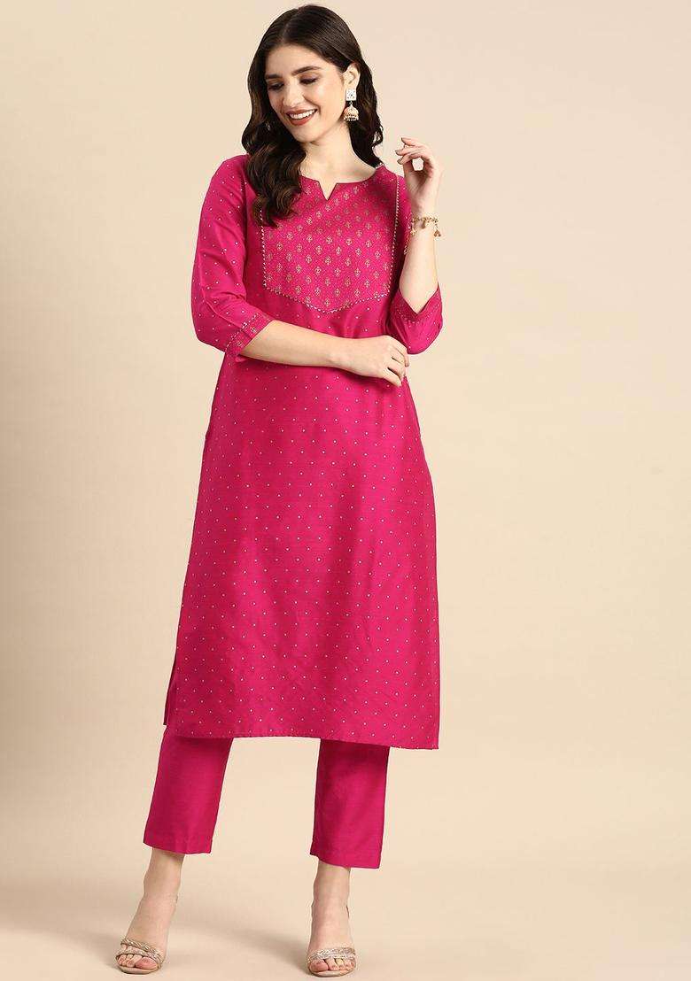 Red Yoke Design Silk Kurta Set - Indya