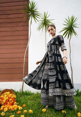 Black Printed Cotton Kurta Set
