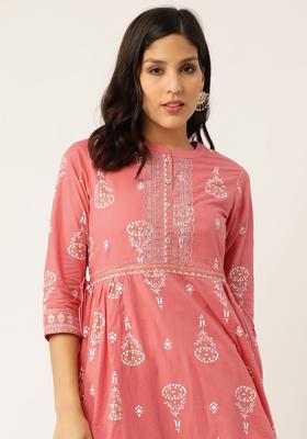 Pink Printed Cotton Anarkali Set