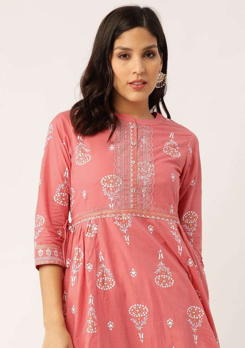 Pink Printed Cotton Anarkali Set - Indya