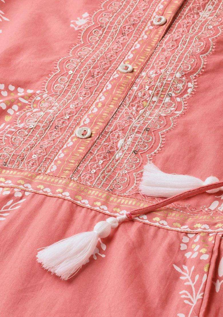 Pink Printed Cotton Anarkali Set - Indya