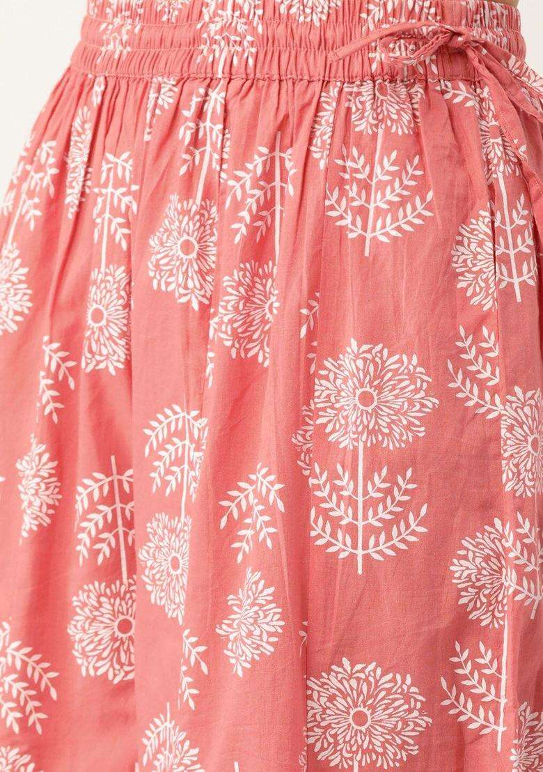 Pink Printed Cotton Anarkali Set - Indya