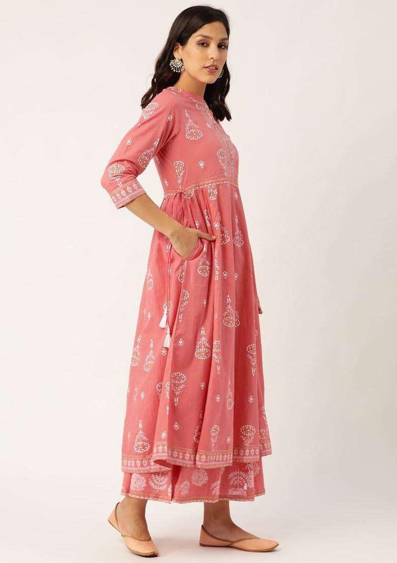 Pink Printed Cotton Anarkali Set - Indya