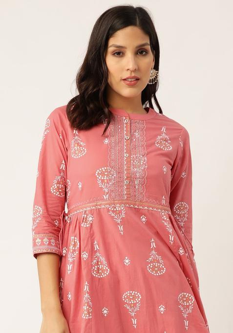 Pink Printed Cotton Anarkali Set — view on Indya