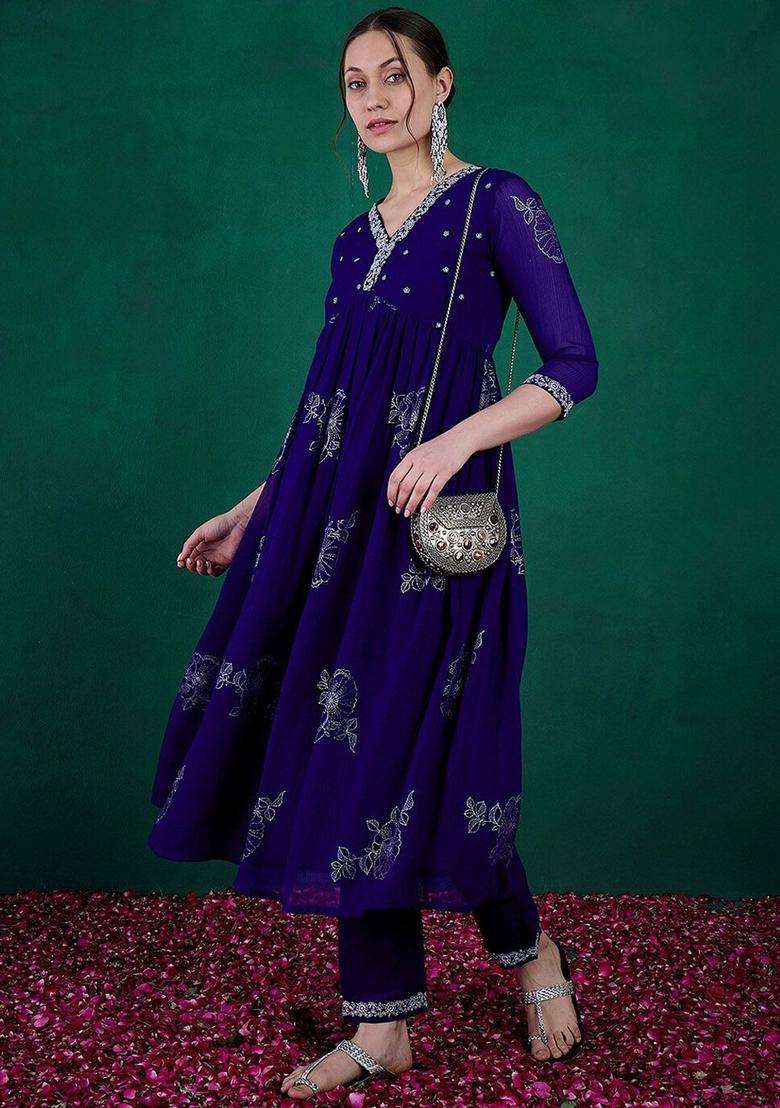 Blue Printed Georgette Anarkali Set - Indya