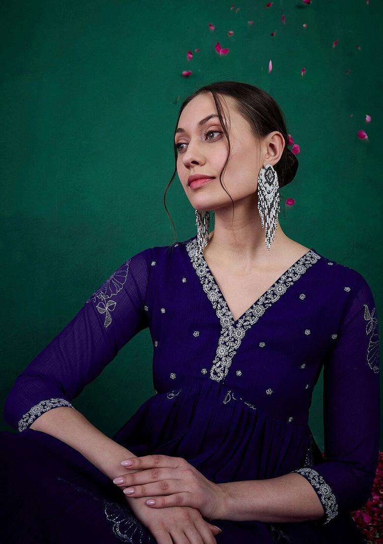Blue Printed Georgette Anarkali Set - Indya