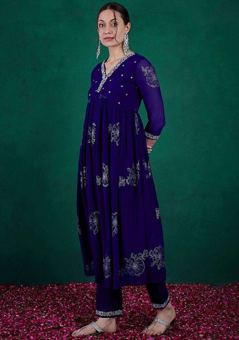 Blue Printed Georgette Anarkali Set - Indya