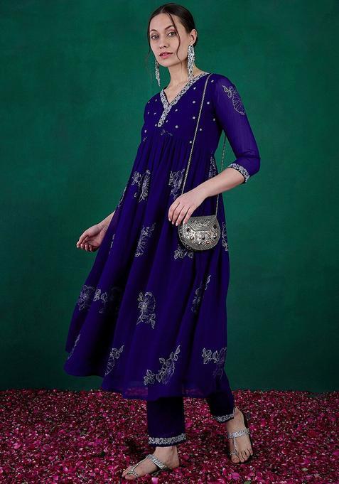 Blue Printed Georgette Anarkali Set — view on Indya
