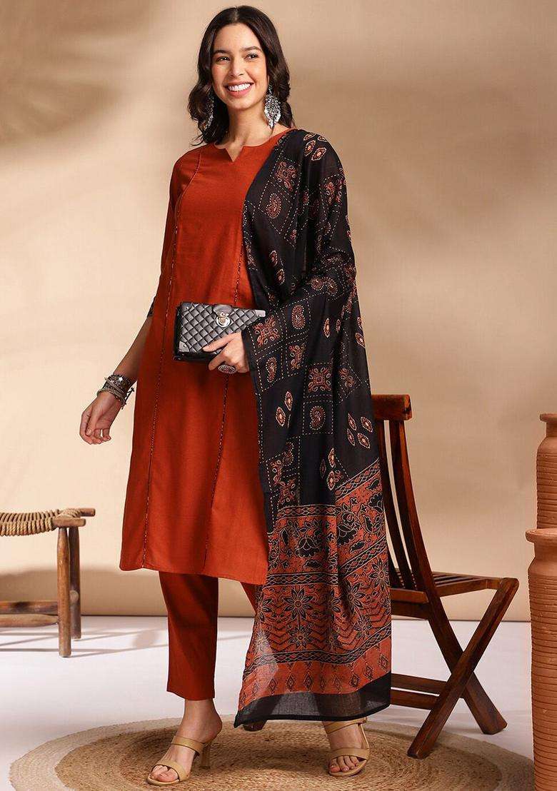 Rust Solid Cotton Kurta Set - Indya