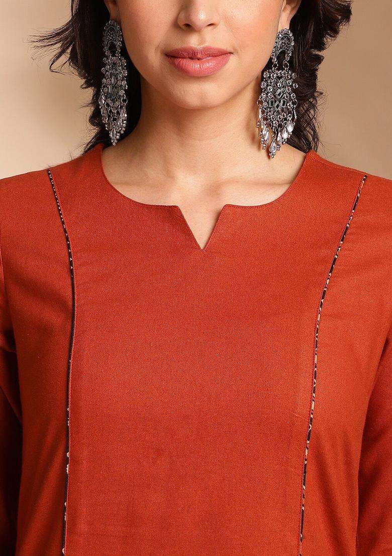 Rust Solid Cotton Kurta Set - Indya