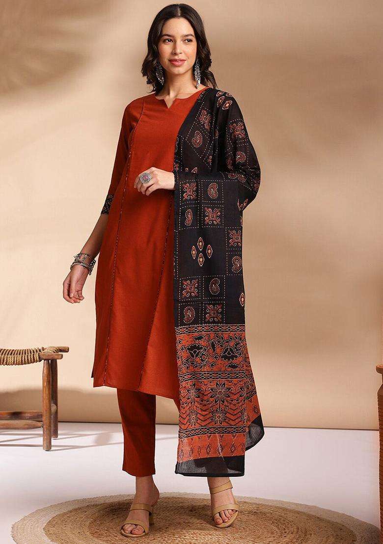 Rust Solid Cotton Kurta Set - Indya