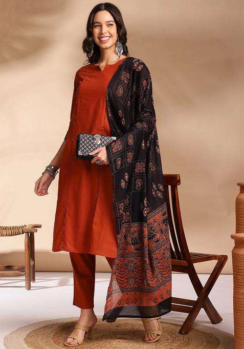 Rust Solid Cotton Kurta Set