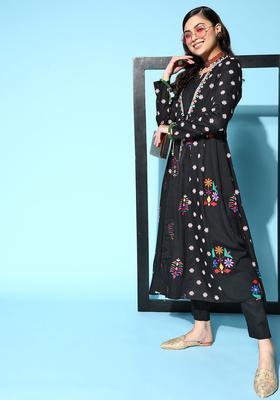 Black Printed Viscose Anarkali Set