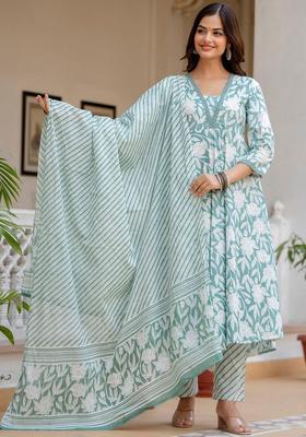 Green Printed Cotton Anarkali Set