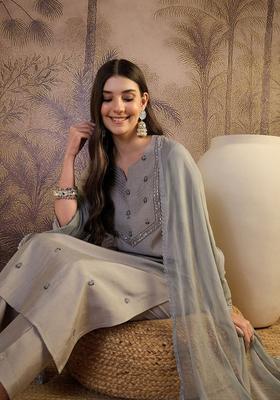 Grey Embroidered Viscose Kurta Set