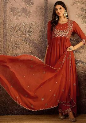 Orange Embroidered Georgette Kurta Set