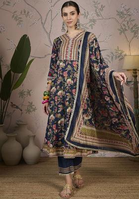 Blue Printed Cotton Anarkali Set