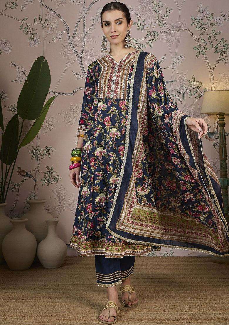 Blue Printed Cotton Anarkali Set - Indya