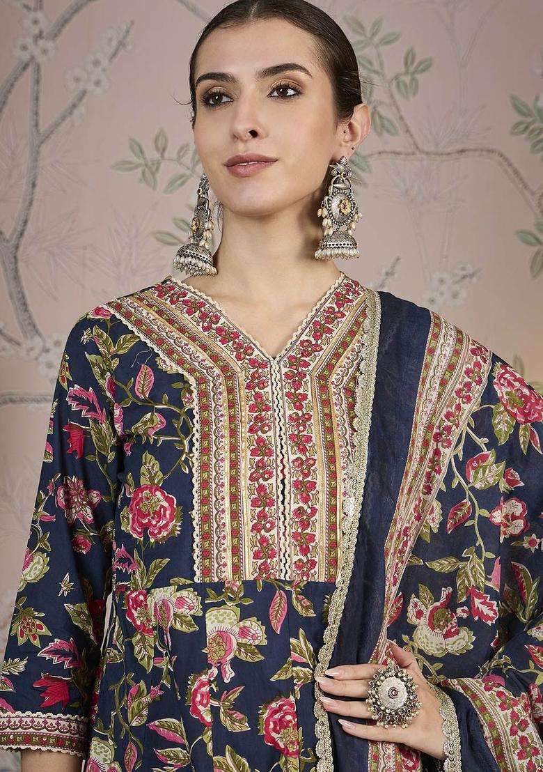 Blue Printed Cotton Anarkali Set - Indya