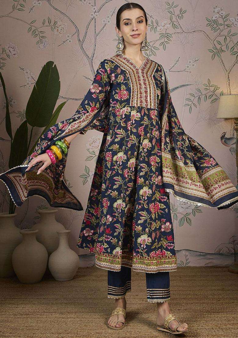 Blue Printed Cotton Anarkali Set - Indya