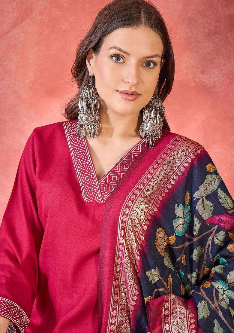 Pink Solid Viscose Kurta Set - Indya
