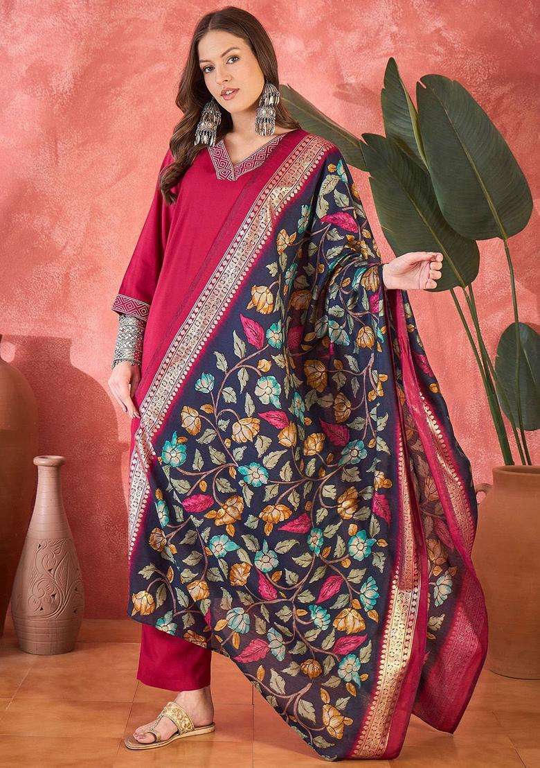 Pink Solid Viscose Kurta Set - Indya