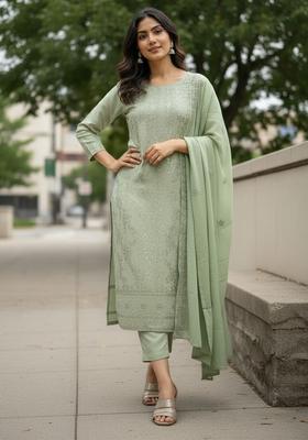 Sea Green Embroidered Polyester Kurta Set