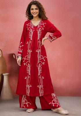 Red Printed Viscose Kurta Set
