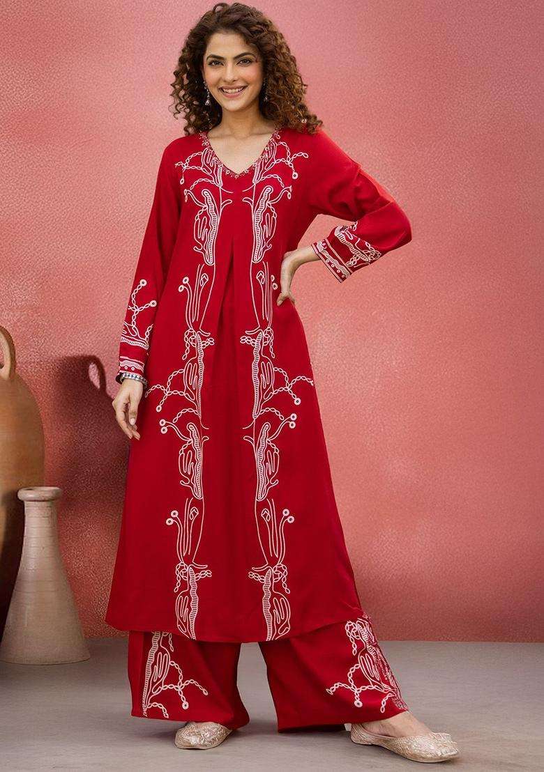 Red Printed Viscose Kurta Set - Indya