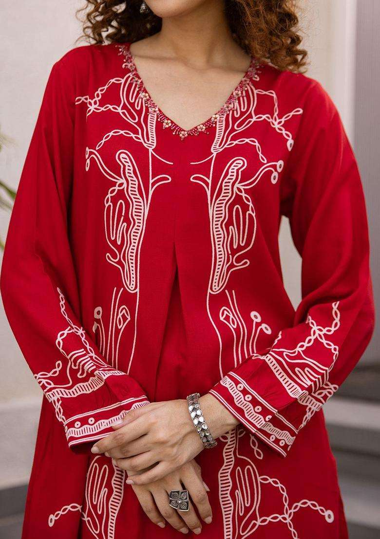 Red Printed Viscose Kurta Set - Indya
