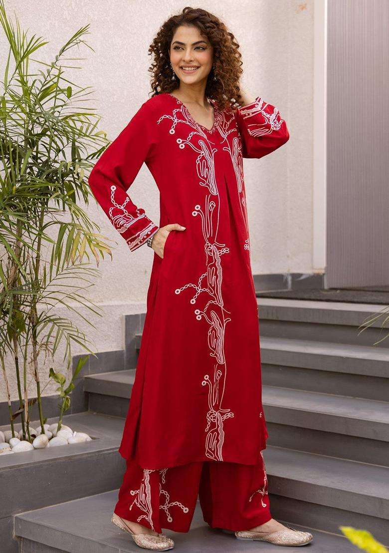 Red Printed Viscose Kurta Set - Indya