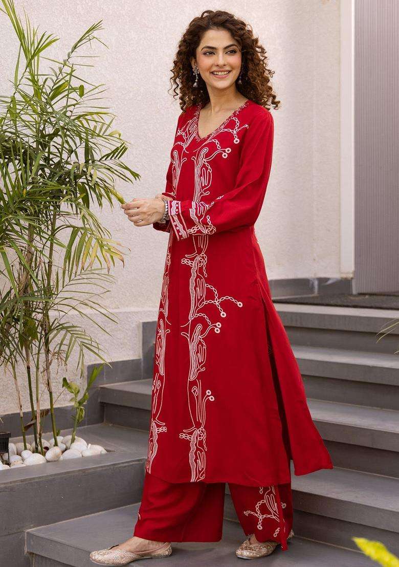 Red Printed Viscose Kurta Set - Indya