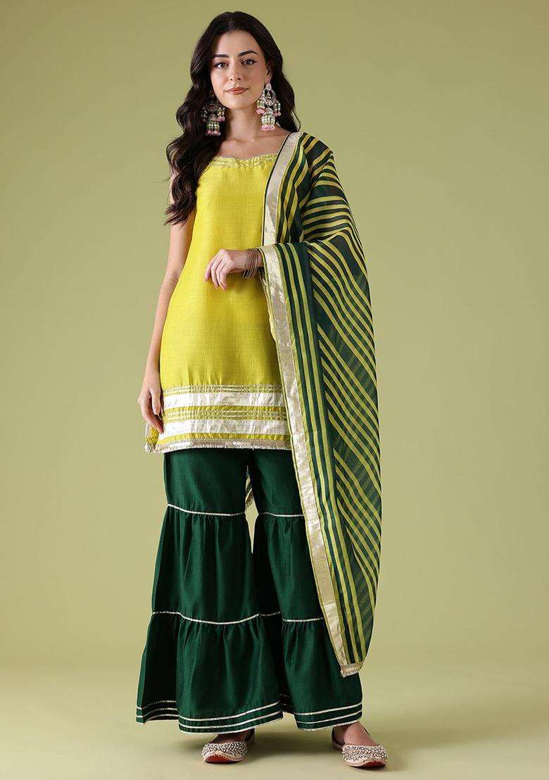 Green Solid Polyester Kurta Set - Indya