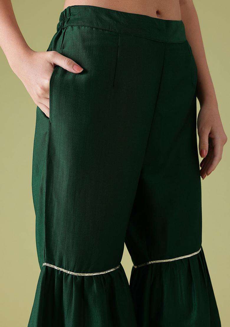 Green Solid Polyester Kurta Set - Indya