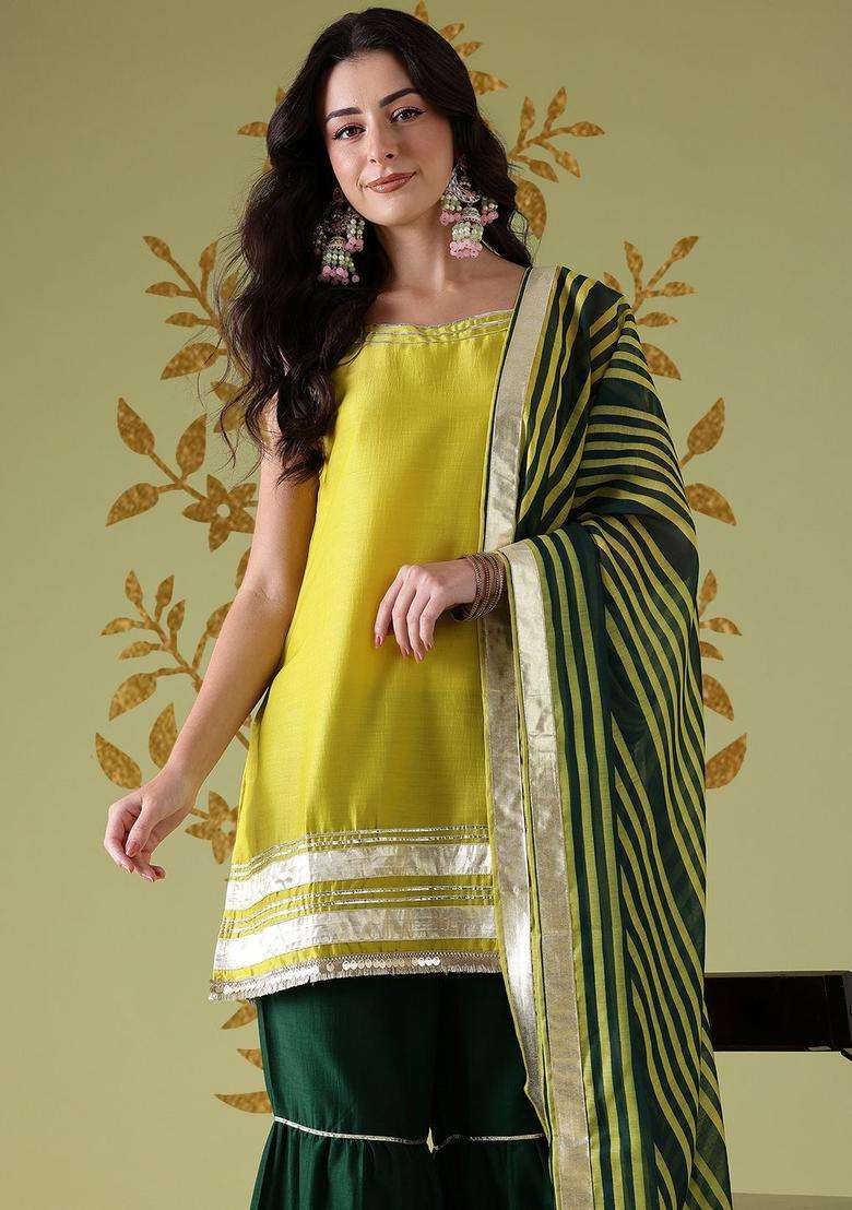 Green Solid Polyester Kurta Set - Indya