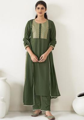 Olive Embroidered Cotton Kurta Set