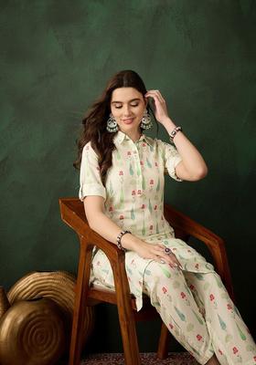Off White Printed Viscose Kurta Set
