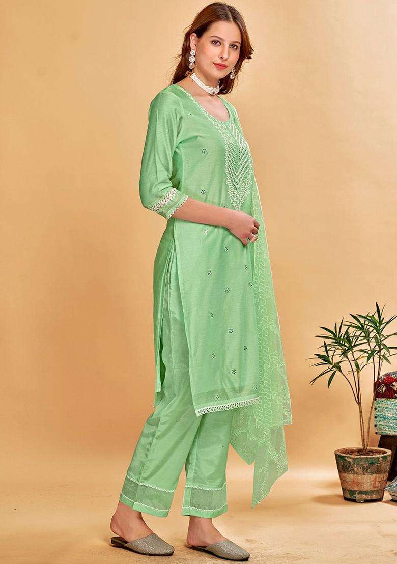 Sea Green Solid Cotton Kurta Set - Indya