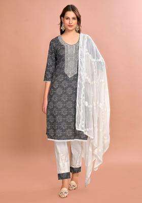 Grey Embroidered Cotton Kurta Set