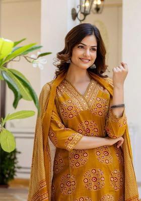 Mustard Printed Cotton Kurta Set