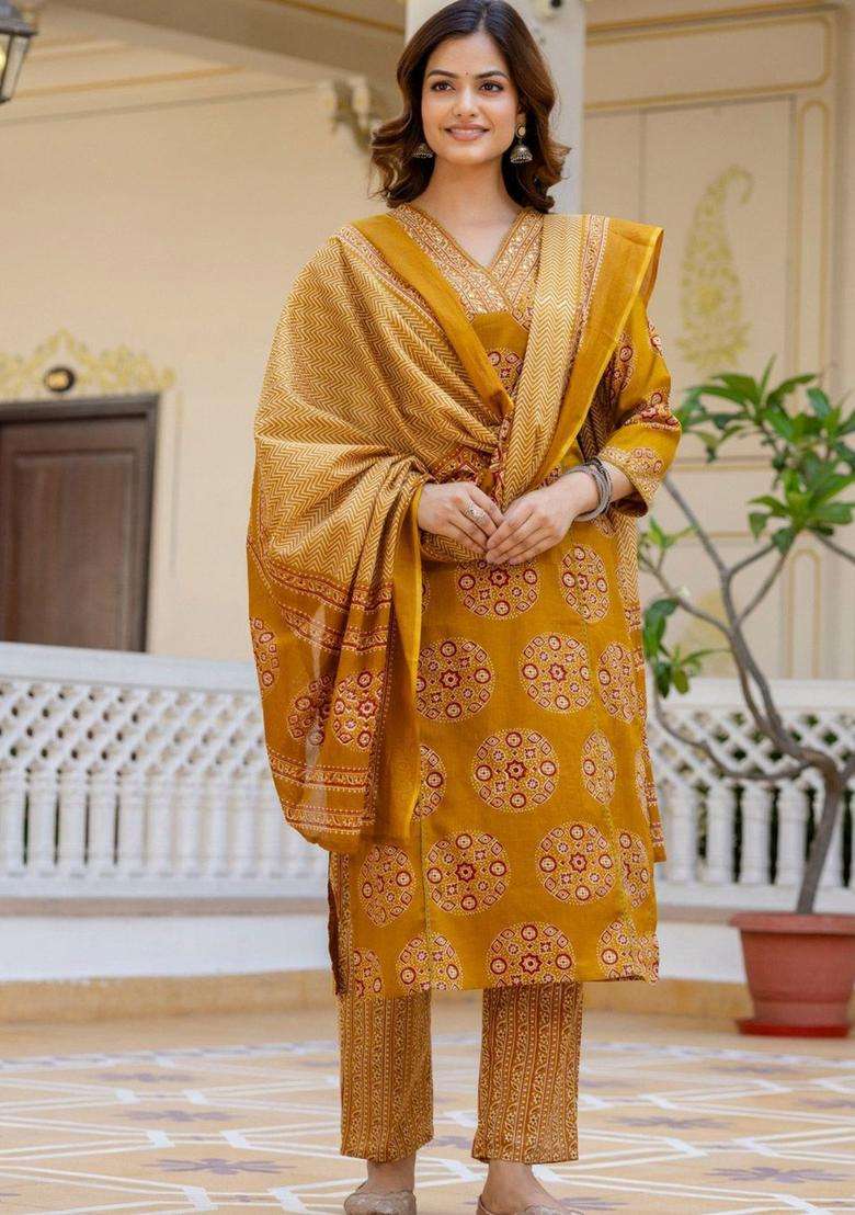 Mustard Printed Cotton Kurta Set - Indya