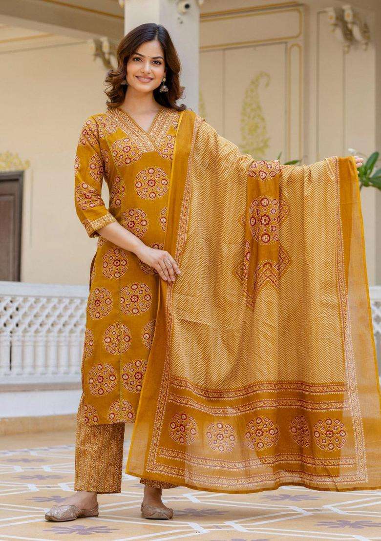 Mustard Printed Cotton Kurta Set - Indya
