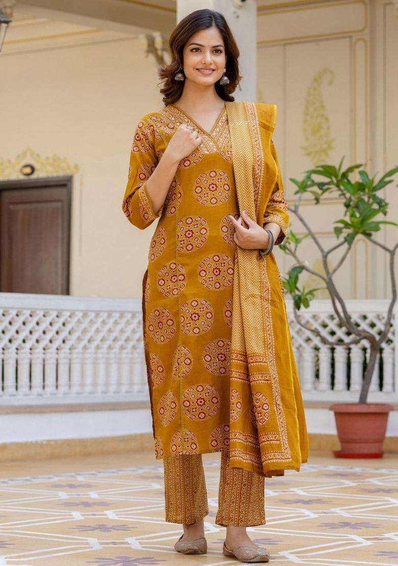 Mustard Printed Cotton Kurta Set - Indya